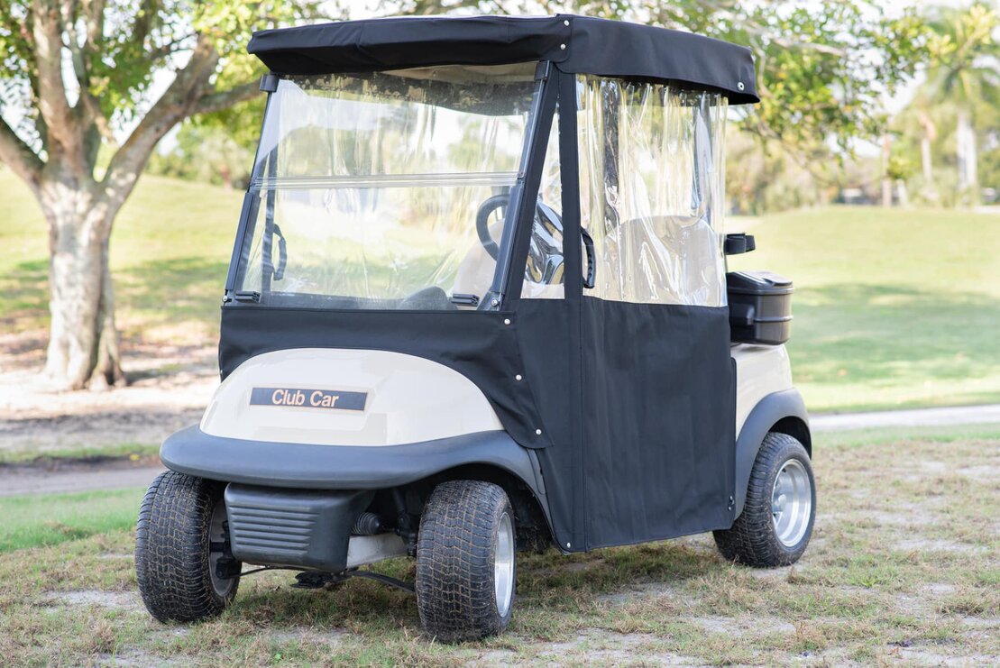 Golf cart enclosure quickly sliding into place